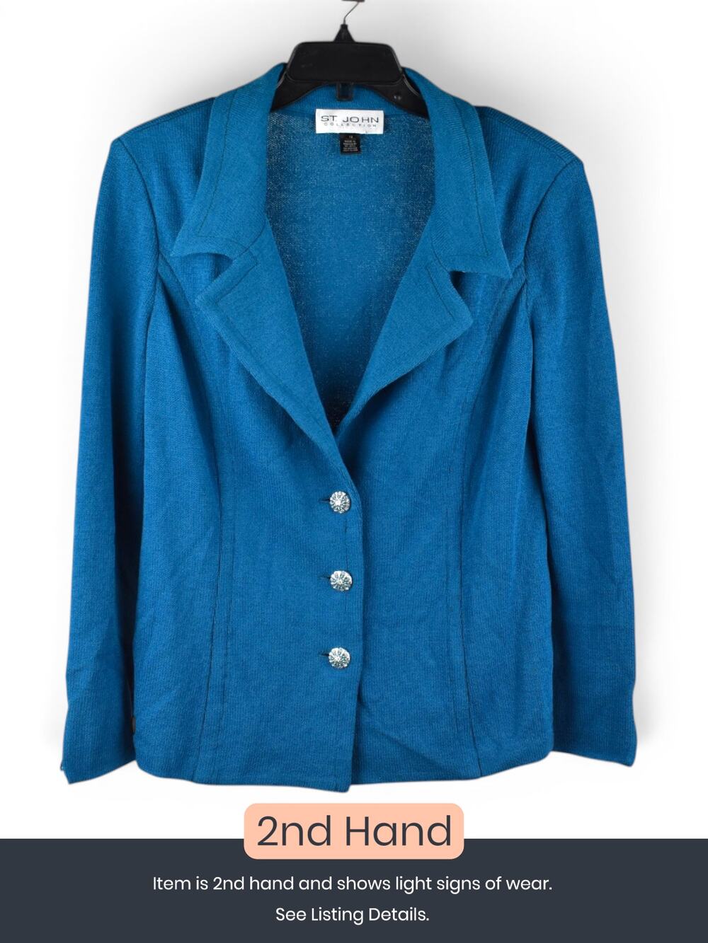 St. John Collection Teal Knit Blazer Crystal Buttons Women’s Size 12